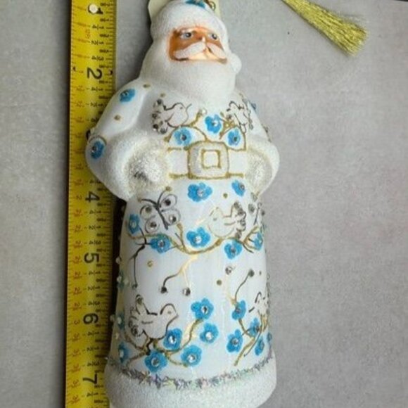 Hand-Painted JingleNog Santa Ornament With Blue & Gold Floral Details - Picture 13 of 13